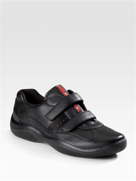 prada mens double strap sneakers black patent leather